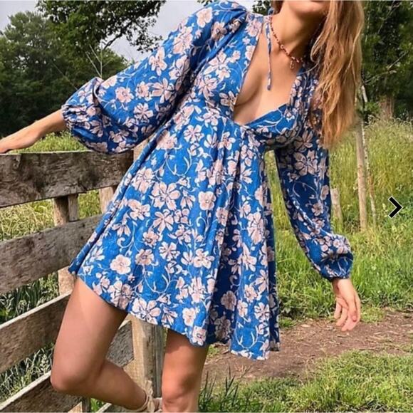 Free people blue floral long sleeve swing dress - Picture 1 of 4